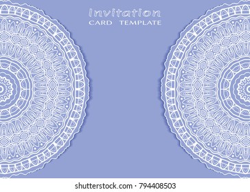 Invitation or Card template with lace mandala border, cutout paper frame element. Decorative openwork filigree art background for Wedding, Valentine's day greeting cards, Birthday Invitations
