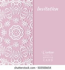 Invitation or Card template with lace pattern, mandala element. Decorative abstract geometric background. Luxury postcard for Wedding, Bridal, Valentine's day, greeting cards, Birthday Invitations