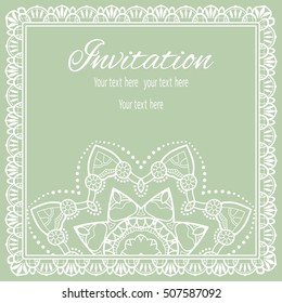 Invitation or Card template with lace pattern, mandala element. Decorative abstract geometric background. Luxury postcard for Wedding, Bridal, Valentine's day, greeting cards, Birthday Invitations