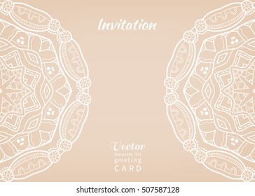 Invitation or Card template with lace pattern, mandala element. Decorative abstract geometric background. Luxury postcard for Wedding, Bridal, Valentine's day, greeting cards, Birthday Invitations