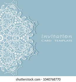 Invitation or Card template with lacy border pattern, cutout paper, mandala frame element. Decorative openwork filigree art, lace background for Wedding, Valentine's day greeting cards, Birthday Invit