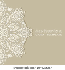 Invitation or Card template with lacy border pattern, cutout paper, mandala frame element. Decorative openwork filigree art, lace background for Wedding, Valentine's day greeting cards, Birthday Invit