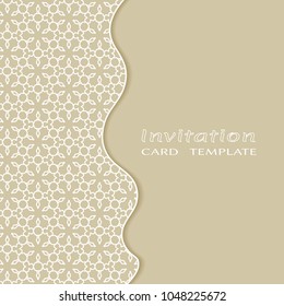 Invitation or Card template with lacy border pattern, cutout paper, line frame element. Decorative openwork filigree art, lace background for Wedding, Valentine's day greeting cards, Birthday Invit