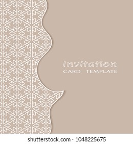 Invitation or Card template with lacy border pattern, cutout paper, line frame element. Decorative openwork filigree art, lace background for Wedding, Valentine's day greeting cards, Birthday Invit