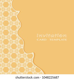 Invitation or Card template with lacy border pattern, cutout paper, line frame element. Decorative openwork filigree art, lace background for Wedding, Valentine's day greeting cards, Birthday Invit