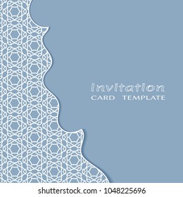 Invitation or Card template with lacy border pattern, cutout paper, line frame element. Decorative openwork filigree art, lace background for Wedding, Valentine's day greeting cards, Birthday Invit