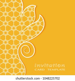 Invitation or Card template with lacy border, cutout paper. Floral leaf shape element. Decorative openwork filigree art, lace background for Wedding, Valentine's day greeting cards, Birthday Invit