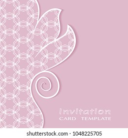 Invitation or Card template with lacy border, cutout paper. Floral leaf shape element. Decorative openwork filigree art, lace background for Wedding, Valentine's day greeting cards, Birthday Invit