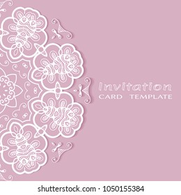 Invitation or Card template with lacy border pattern, cutout paper, mandala frame element. Decorative openwork filigree art, lace background for Wedding, Valentine's day greeting cards, Birthday Invit