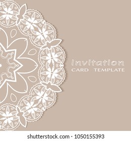 Invitation or Card template with lacy border pattern, cutout paper, mandala frame element. Decorative openwork filigree art, lace background for Wedding, Valentine's day greeting cards, Birthday Invit