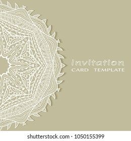 Invitation or Card template with lacy border pattern, cutout paper, mandala frame element. Decorative openwork filigree art, lace background for Wedding, Valentine's day greeting cards, Birthday Invit