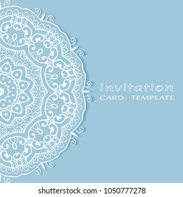 Invitation or Card template with lacy border pattern, cutout paper, mandala frame element. Decorative openwork filigree art, lace background for Wedding, Valentine's day greeting cards, Birthday Invit