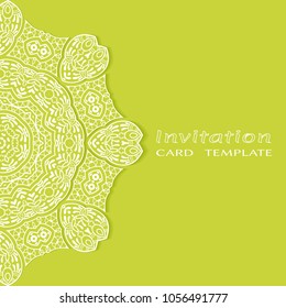 Invitation or Card template with lacy border pattern, cutout paper, mandala frame element. Decorative openwork filigree art, lace background for Wedding, Valentine's day greeting cards, Birthday Invit