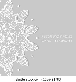 Invitation or Card template with lacy border pattern, cutout paper, mandala frame element. Decorative openwork filigree art, lace background for Wedding, Valentine's day greeting cards, Birthday Invit
