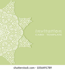 Invitation or Card template with lacy border pattern, cutout paper, mandala frame element. Decorative openwork filigree art, lace background for Wedding, Valentine's day greeting cards, Birthday Invit