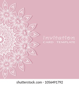 Invitation or Card template with lacy border pattern, cutout paper, mandala frame element. Decorative openwork filigree art, lace background for Wedding, Valentine's day greeting cards, Birthday Invit