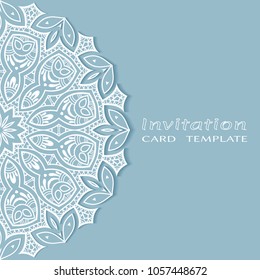 Invitation or Card template with lacy border pattern, cutout paper, mandala frame element. Decorative openwork filigree art, lace background for Wedding, Valentine's day greeting cards, Birthday Invit