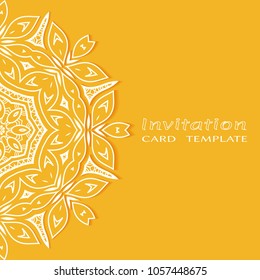 Invitation or Card template with lacy border pattern, cutout paper, mandala frame element. Decorative openwork filigree art, lace background for Wedding, Valentine's day greeting cards, Birthday Invit