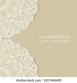 Invitation or Card template with lacy border pattern, cutout paper, mandala frame element. Decorative openwork filigree art, lace background for Wedding, Valentine's day greeting cards, Birthday Invit