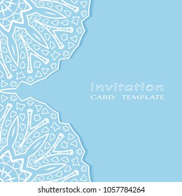 Invitation or Card template with lacy border pattern, cutout paper, mandala frame element. Decorative openwork filigree art, lace background for Wedding, Valentine's day greeting cards, Birthday Invit