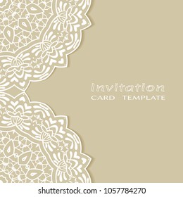 Invitation or Card template with lacy border pattern, cutout paper, mandala frame element. Decorative openwork filigree art, lace background for Wedding, Valentine's day greeting cards, Birthday Invit