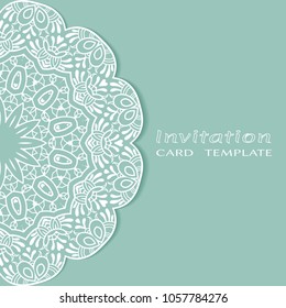Invitation or Card template with lacy border pattern, cutout paper, mandala frame element. Decorative openwork filigree art, lace background for Wedding, Valentine's day greeting cards, Birthday Invit