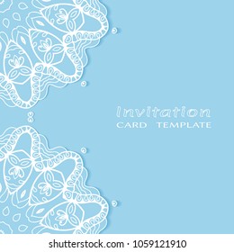 Invitation or Card template with lacy border pattern, cutout paper, mandala frame element. Decorative openwork filigree art, lace background for Wedding, Valentine's day greeting cards, Birthday Invit