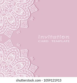 Invitation or Card template with lacy border pattern, cutout paper, mandala frame element. Decorative openwork filigree art, lace background for Wedding, Valentine's day greeting cards, Birthday Invit