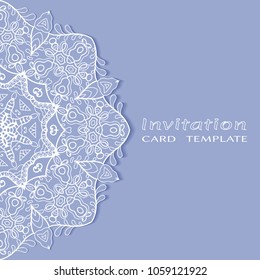 Invitation or Card template with lacy border pattern, cutout paper, mandala frame element. Decorative openwork filigree art, lace background for Wedding, Valentine's day greeting cards, Birthday Invit