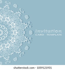 Invitation or Card template with lacy border pattern, cutout paper, mandala frame element. Decorative openwork filigree art, lace background for Wedding, Valentine's day greeting cards, Birthday Invit