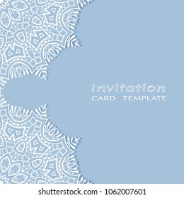 Invitation or Card template with lacy border pattern, cutout paper, mandala frame element. Decorative openwork filigree art, lace background for Wedding, Valentine's day greeting cards, Birthday Invit