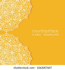 Invitation or Card template with lacy border pattern, cutout paper, mandala frame element. Decorative openwork filigree art, lace background for Wedding, Valentine's day greeting cards, Birthday Invit
