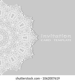 Invitation or Card template with lacy border pattern, cutout paper, mandala frame element. Decorative openwork filigree art, lace background for Wedding, Valentine's day greeting cards, Birthday Invit
