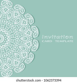 Invitation or Card template with lacy border pattern, cutout paper, mandala frame element. Decorative openwork filigree art, lace background for Wedding, Valentine's day greeting cards, Birthday Invit