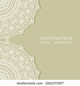 Invitation or Card template with lacy border pattern, cutout paper, mandala frame element. Decorative openwork filigree art, lace background for Wedding, Valentine's day greeting cards, Birthday Invit