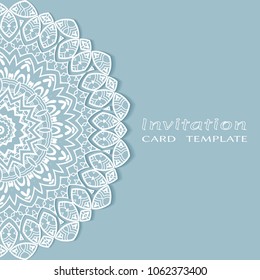 Invitation or Card template with lacy border pattern, cutout paper, mandala frame element. Decorative openwork filigree art, lace background for Wedding, Valentine's day greeting cards, Birthday Invit
