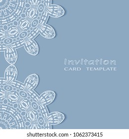 Invitation or Card template with lacy border pattern, cutout paper, mandala frame element. Decorative openwork filigree art, lace background for Wedding, Valentine's day greeting cards, Birthday Invit