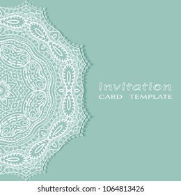 Invitation or Card template with lacy border pattern, cutout paper, mandala frame element. Decorative openwork filigree art, lace background for Wedding, Valentine's day greeting cards, Birthday Invit