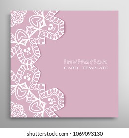 Invitation or Card template with lacy border pattern, cutout paper, mandala frame element. Decorative openwork filigree art, lace background for Wedding, Valentine's day greeting cards, Birthday Invit