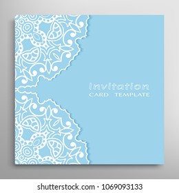 Invitation or Card template with lacy border pattern, cutout paper, mandala frame element. Decorative openwork filigree art, lace background for Wedding, Valentine's day greeting cards, Birthday Invit