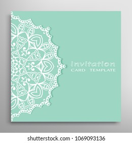 Invitation or Card template with lacy border pattern, cutout paper, mandala frame element. Decorative openwork filigree art, lace background for Wedding, Valentine's day greeting cards, Birthday Invit