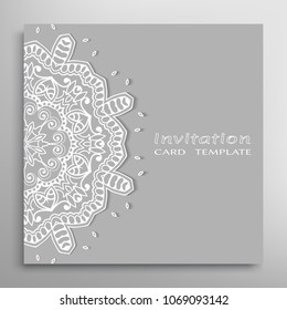 Invitation or Card template with lacy border pattern, cutout paper, mandala frame element. Decorative openwork filigree art, lace background for Wedding, Valentine's day greeting cards, Birthday Invit