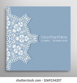Invitation or Card template with lacy border pattern, cutout paper, mandala frame element. Decorative openwork filigree art, lace background for Wedding, Valentine's day greeting cards, Birthday Invit