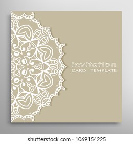Invitation or Card template with lacy border pattern, cutout paper, mandala frame element. Decorative openwork filigree art, lace background for Wedding, Valentine's day greeting cards, Birthday Invit