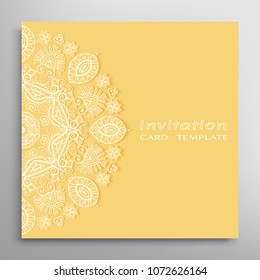 Invitation or Card template with lacy border pattern, cutout paper, mandala frame element. Decorative openwork filigree art, lace background for Wedding, Valentine's day greeting cards, Birthday Invit