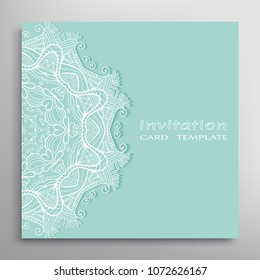 Invitation or Card template with lacy border pattern, cutout paper, mandala frame element. Decorative openwork filigree art, lace background for Wedding, Valentine's day greeting cards, Birthday Invit