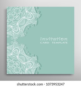 Invitation or Card template with lacy border pattern, cutout paper, mandala frame element. Decorative openwork filigree art, lace background for Wedding, Valentine's day greeting cards, Birthday Invit