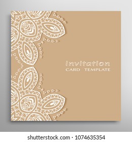 Invitation or Card template with lacy border pattern, cutout paper, mandala frame element. Decorative openwork filigree art, lace background for Wedding, Valentine's day greeting cards, Birthday Invit