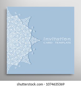 Invitation or Card template with lacy border pattern, cutout paper, mandala frame element. Decorative openwork filigree art, lace background for Wedding, Valentine's day greeting cards, Birthday Invit