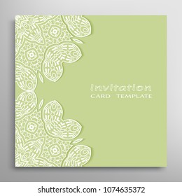 Invitation or Card template with lacy border pattern, cutout paper, mandala frame element. Decorative openwork filigree art, lace background for Wedding, Valentine's day greeting cards, Birthday Invit